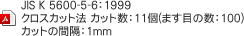 JIS K 5600-5-6：1999 クロスカット法 カット数：11個(ます目の数：100) カットの間隔：1ｍｍ